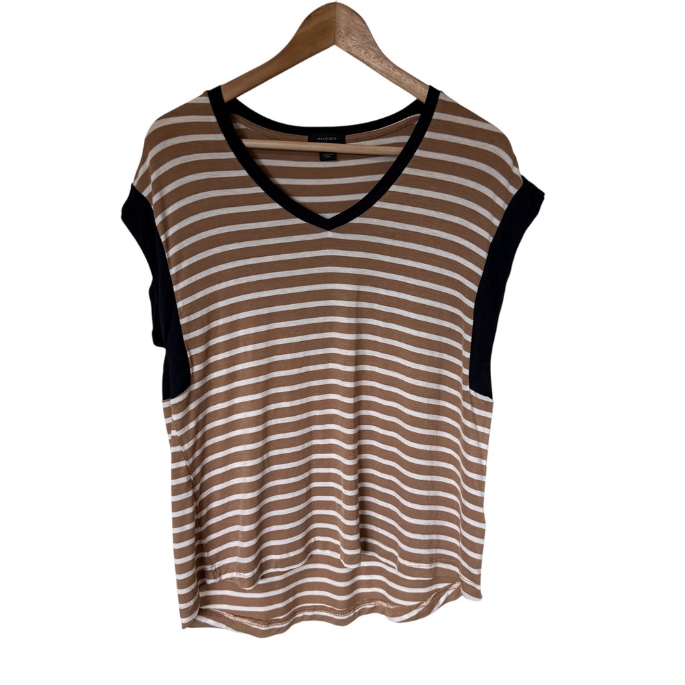 Halogen Striped Cap Sleeve V-Neck Top Womens Medium Tan Black White Excellent